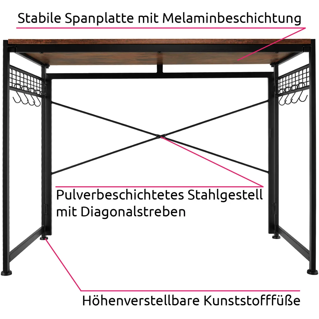 Tectake Schreibtisch Paterson Klappbar 102x51x77cm - Industrial Dunkelbraun – Bild 3