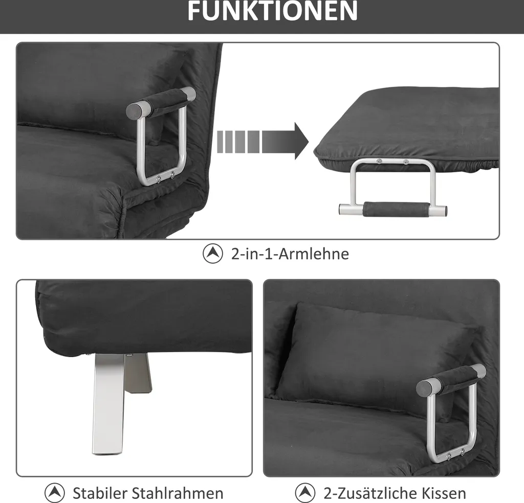 HOMCOM Doppelsofa Mit 2 Kissen Schlafsofa Mit Verstellbarer Rückenlehne Stoffabdeckung Abnehmbar Faux Suede Stahl Schaumstoff Grau 105 X 80 X 78 Cm – Bild 5
