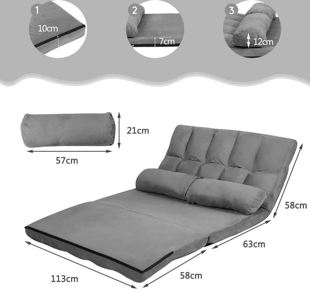 COSTWAY Schlafsofa Mit 2 Kissen, Sofabett Mit 6 Stufig Verstellbarer Rücklehne, Lazy Sofa Klappbar, Bodensofa Für Schlafzimmer, Wohnzimmer Und Balkon Grau – Bild 6