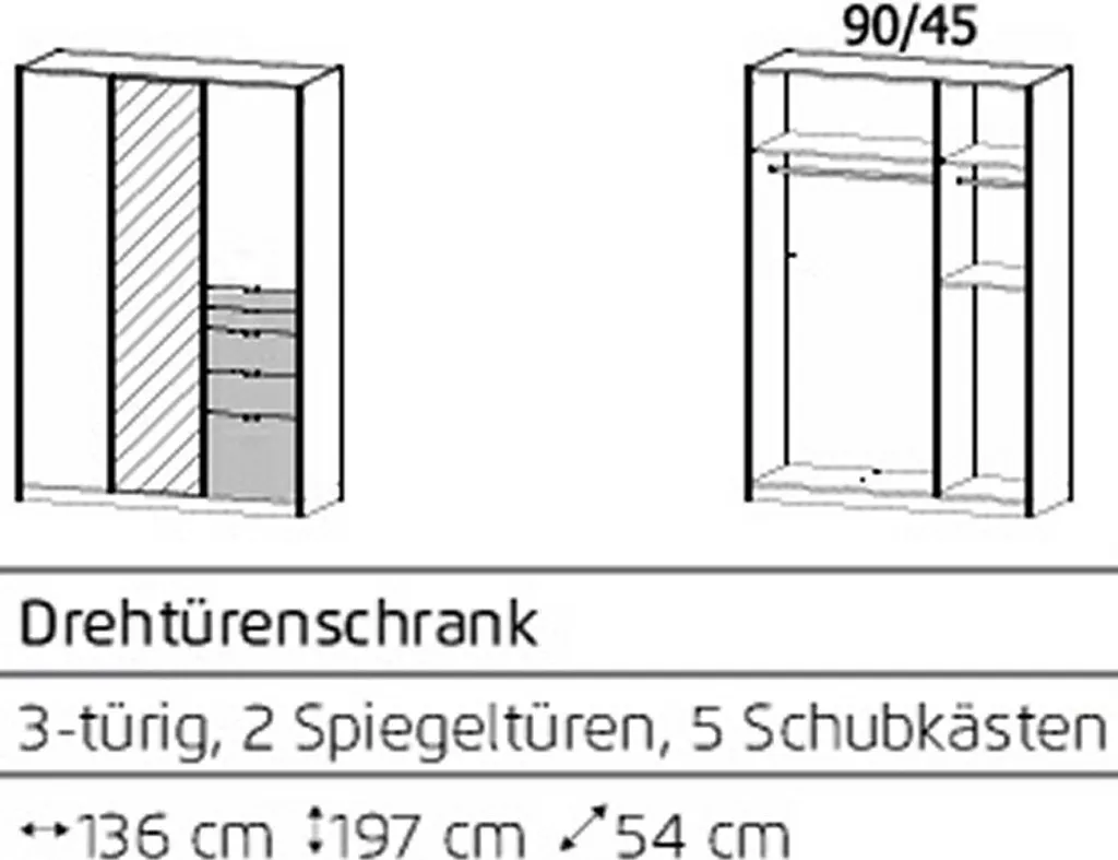 RAUCH AD644_02L6 Kleiderschrank 3-trg./1xSpiegel/5xSchubkästen Ontario In Grau/Abs. Eiche Artisan – Bild 7