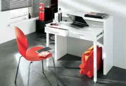 Skraut Home - Ausziehbarer Schreibtisch, Studio-Konsolentisch, Computertisch, PC, 2 Schubladen, Oberfläche Weiß, Maße: 98,6x86,9x36- 70 Cm Tiefe