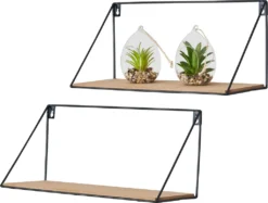 2er Set Wandregal Regal 39x17cm Metall Schwarz Holz MDF Natur Modern Industrie