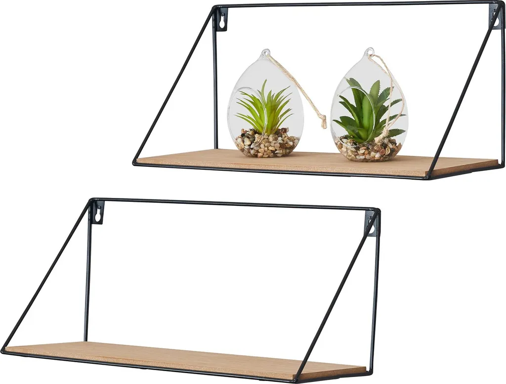 2er Set Wandregal Regal 39x17cm Metall Schwarz Holz MDF Natur Modern Industrie