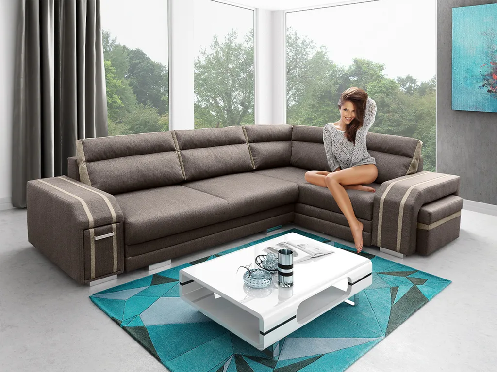 Ecksofa Wohnzimmer – Wohnlandschaft Mit Hocker Und Minibar - L-form Couch Mit Schlaffunktion - Gemütlich Schlafsofa - AVATAR - Braun Und Beige