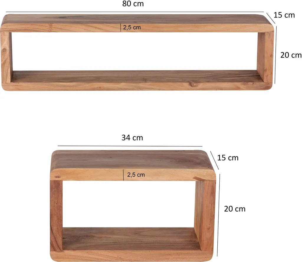 Design Wandregal 3er Set BOHA Massiv Holzregale Akazie Landhausstil | Rustikales Wandregal-Set Holz | Hängeregal Viereckig Echtholz | Wand-Regale | Hängend Würfel | Regal Wandkästen Eckig – Bild 4