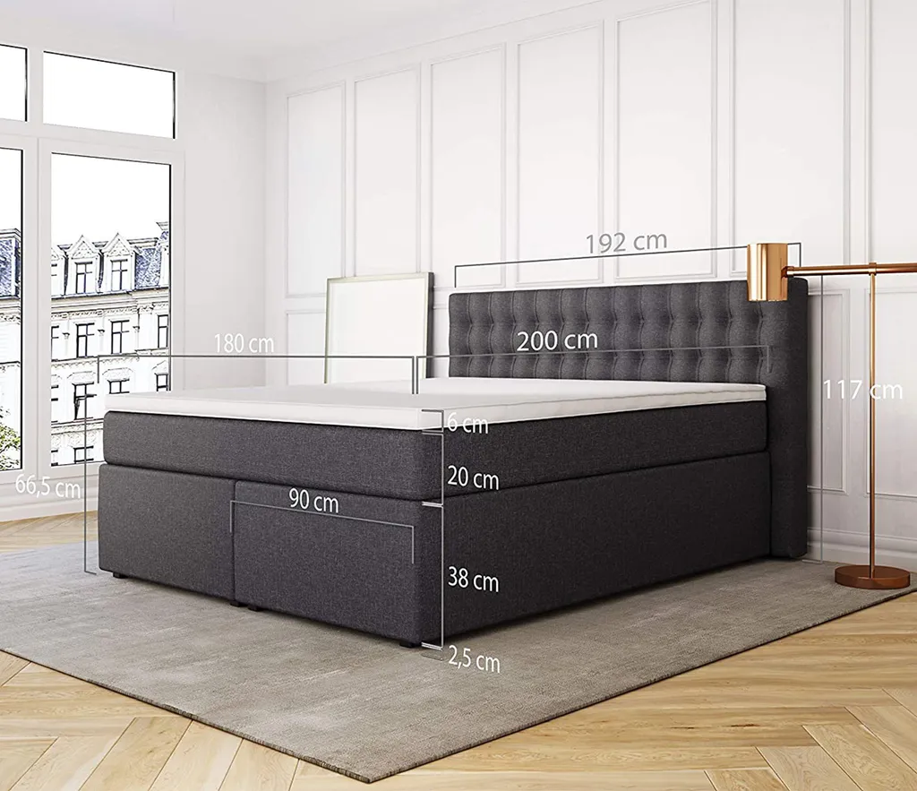 King Boxspringbett 180x200 Cm 7-Zonen Taschenfederkernmatratze Und Visco-Topper | Farbe: Anthrazit, Härtegrad H3 – Bild 6