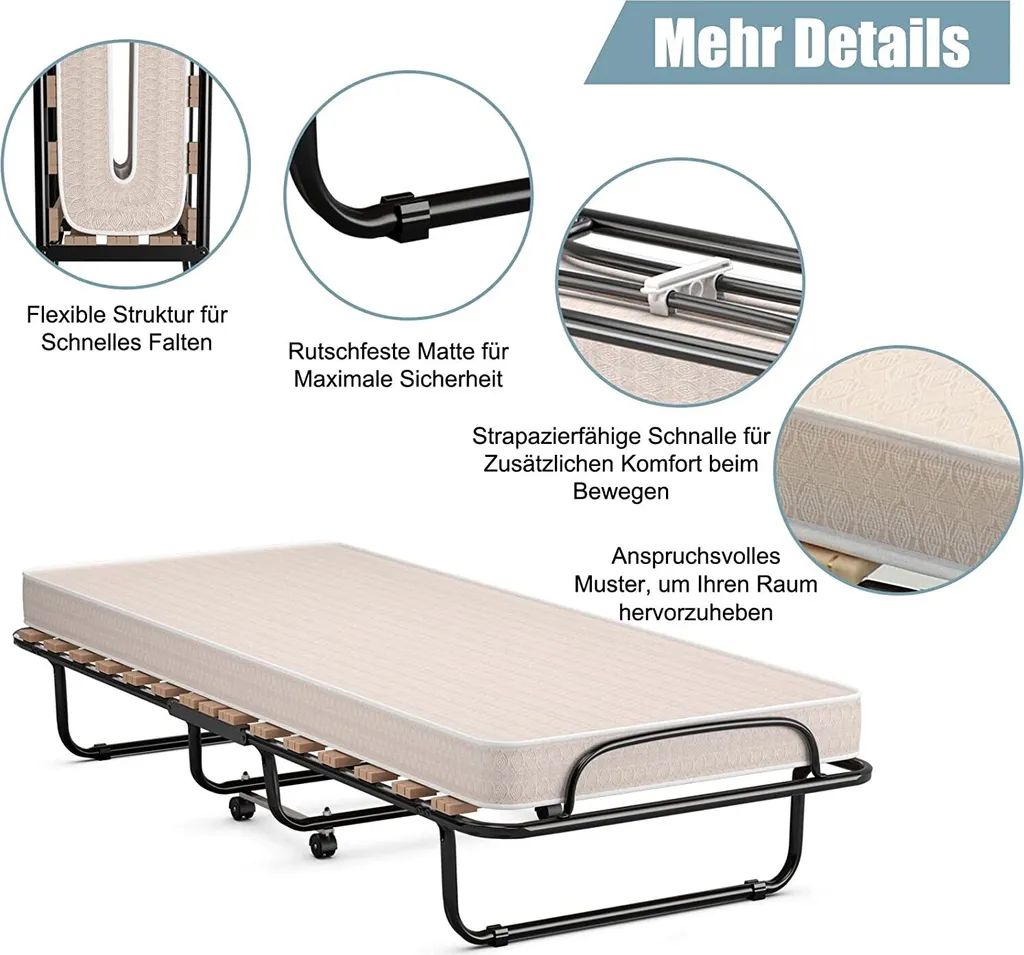 COSTWAY 80x190cm Gästebett Klappbar Mit Matratze, Klappbett Aus Stahl Bis 130kg Belastbar, Faltbett Tragbar Auf Rädern, Einzelbett Für Büro & Gästezimmer – Bild 5