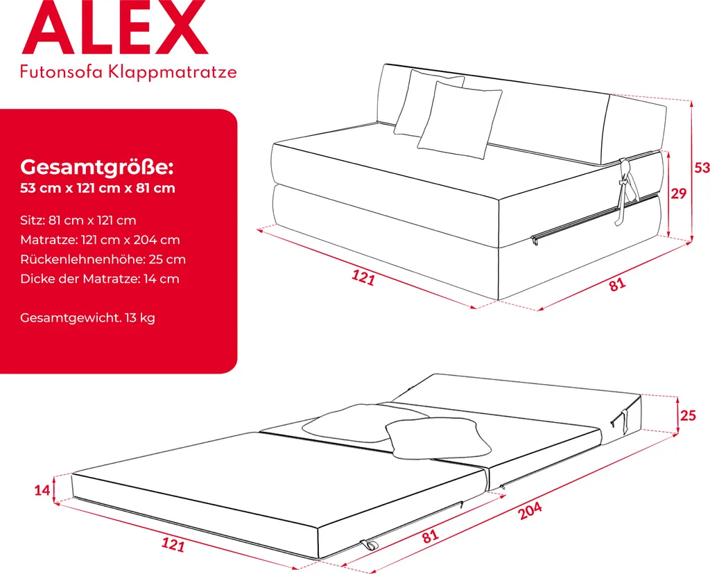 Klappmatratze 120x200 Cm Futonsofa Kaltschaum Polyurethan Höhe Ca. 14 Cm Microfibre Schwarz – Bild 4