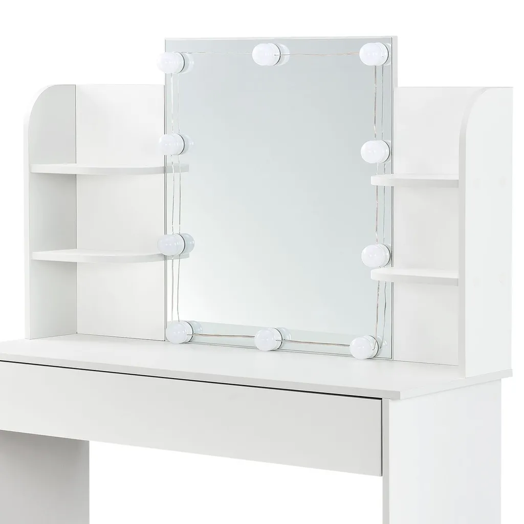 Juskys Schminktisch Bella Mit LED Beleuchtung, Spiegel, Schublade & 4 Ablagefächern - 108 X 40 X 140 Cm - Holz - Weiß - Kosmetiktisch Frisiertisch – Bild 11