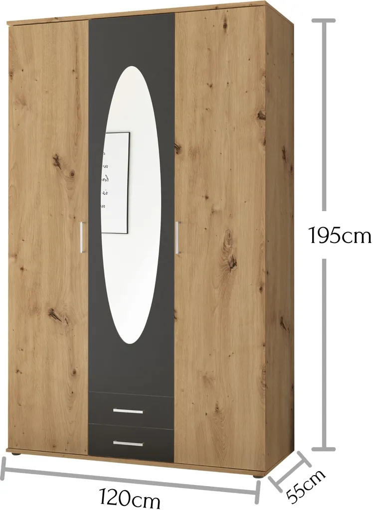 Kleiderschrank "Kassel" In Artisan Eiche / Graphit Mit 2 Schubladen Und 3 Türen. Abmessungen (BxHxT) 120x195x55 Cm – Bild 7