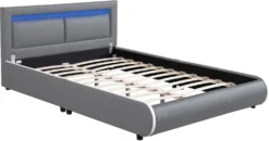 Juskys Polsterbett Murcia 140 X 200 Cm – Bett Mit LED, Lattenrost, Kopfteil & Kunstleder – Bettgestell Gepolstert, Gemütlich & Modern - Dunkel-grau