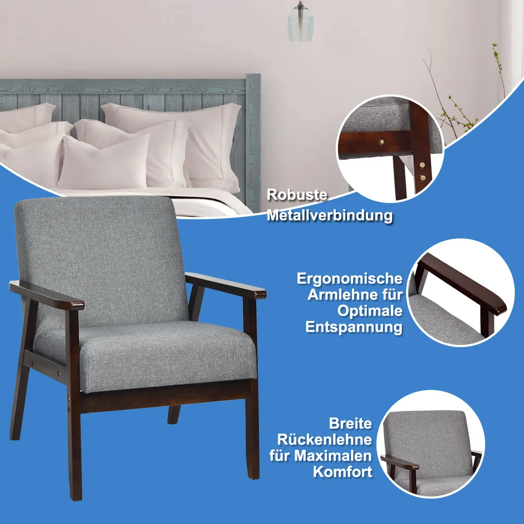 COSTWAY Akzentstuhl, Gepolsterter Stoffstuhl Mit Beinen Aus Kautschukholz, Sessel Für Wohnzimmer Büro Balkon Dunkelgrau – Bild 4
