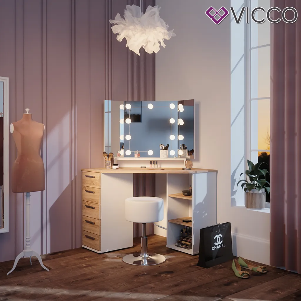 Vicco Eckschminktisch + Hocker + LED Sofia Weiß Sonoma 128,4 X 142,3 X 50,8 Cm Holzwerkstoff – Bild 4
