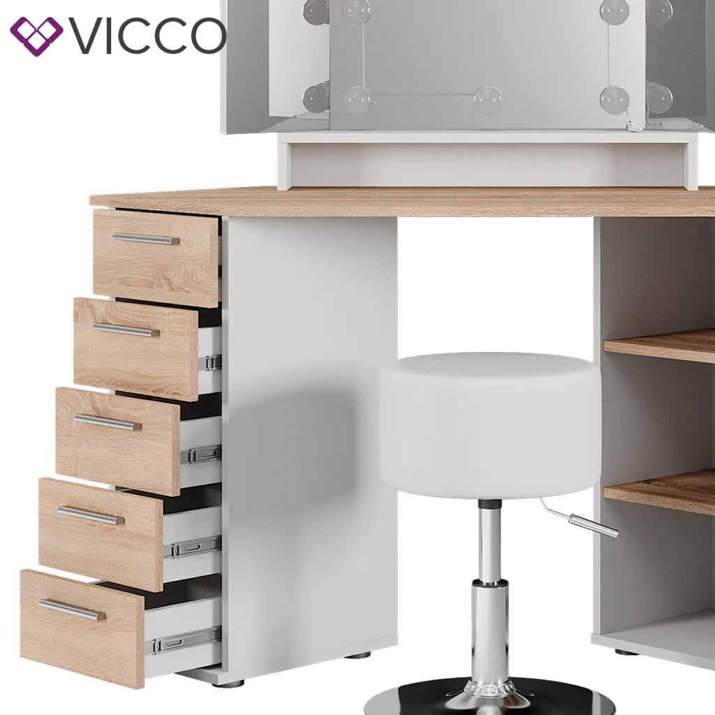 Vicco Eckschminktisch + Hocker + LED Sofia Weiß Sonoma 128,4 X 142,3 X 50,8 Cm Holzwerkstoff – Bild 6