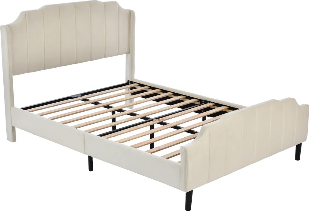 Polsterbett 140x200cm Bettgestell, Mit Kopfteil Fußteil Lattenrost Polsterbetten Holz Bett Doppelbett Erwachsenen Jugendbett Gästebett, Beige Ohne Matratze – Bild 5