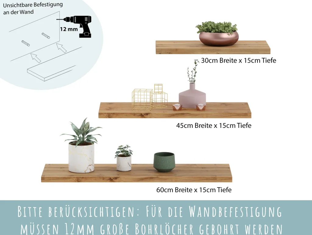 Wandregal 3 Stück 30cm 45cm Und 60cm Breit, Wandboard, Dunkles Holz Schwebe-Regal Für Bücher, Bilder, Deko, Wohnzimmer, Schlafzimmer, Esszimmer, Flur – Bild 3