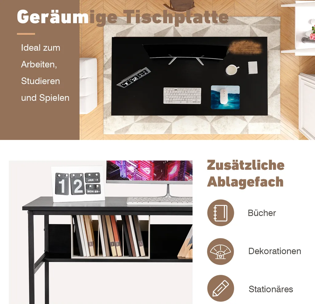 COSTWAY Computertisch Mit Offenem Regal Und CPU-Ständer, Multifunktionaler PC-Arbeitsplatz, Schreibtisch, 120 X 60 X 75 Cm, Schwarz – Bild 3