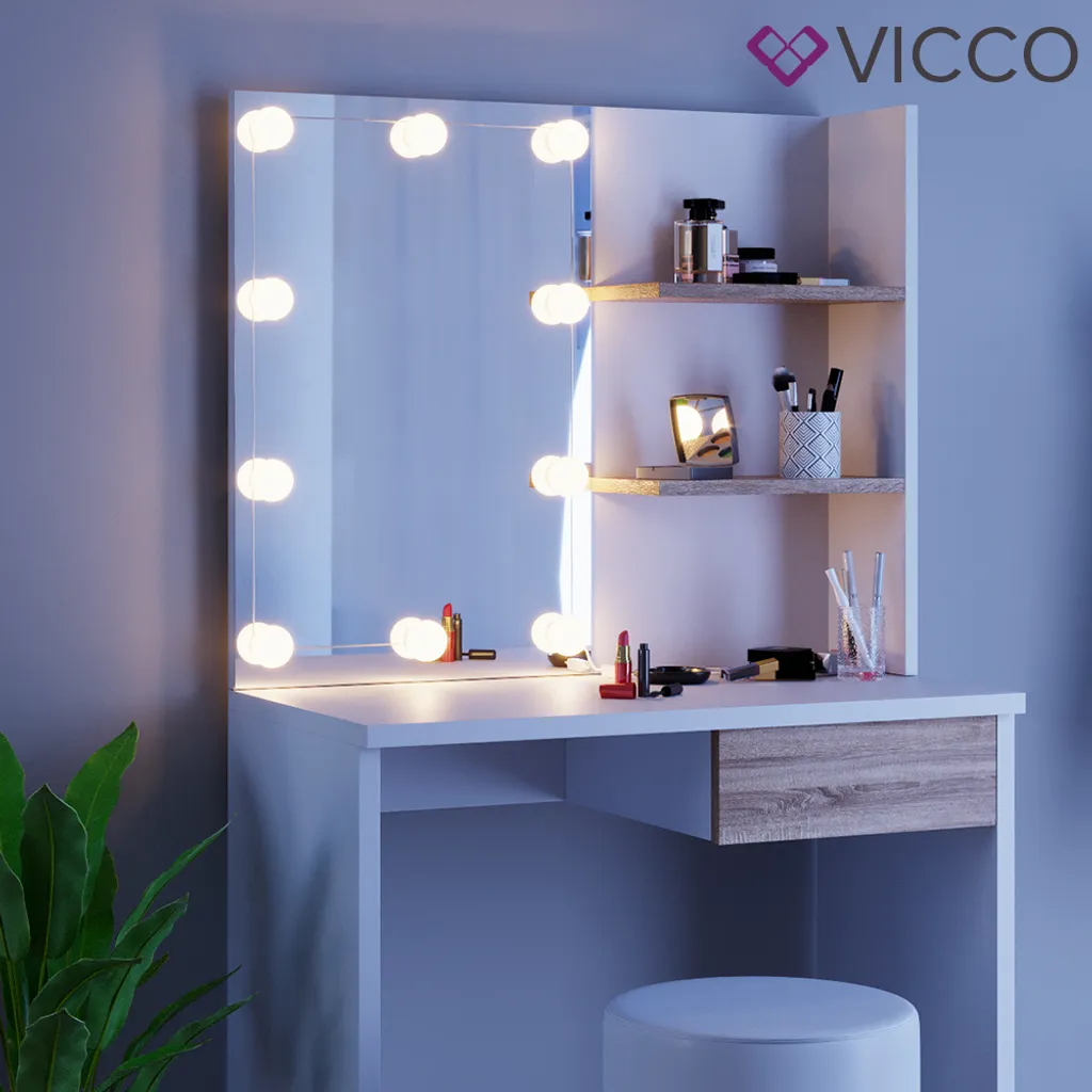 VICCO LED Schminktisch DEKOS Frisiertisch Kommode Kosmetik Weiß Eiche Hocker – Bild 5