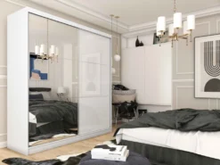 FURNIX Kleiderschrank WINONA 200 Schrank Schiebetüren Lacobel Spiegeltür Weiß