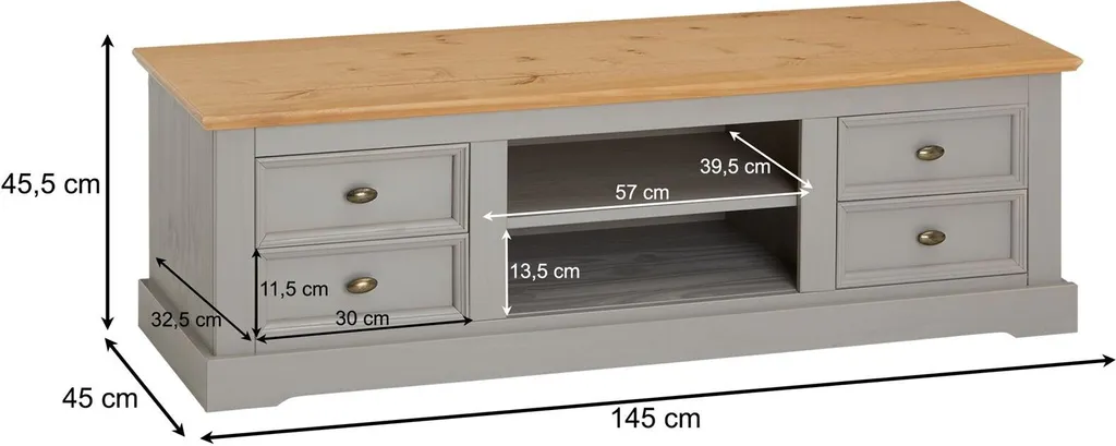 TV-Lowboard KENT, Schöner Fernsehschrank Aus Kiefer Massiv In Grau/braun, Praktisches Hifi-Möbel Mit 4 Schubladen, Attraktives Sideboard Mit Zwei Nischen – Bild 7