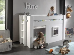 Vipack - Noah Halbhohes Bett 90 X 200 Cm Liegefläche Inkl. Vorhang Set, Creme-Weiß