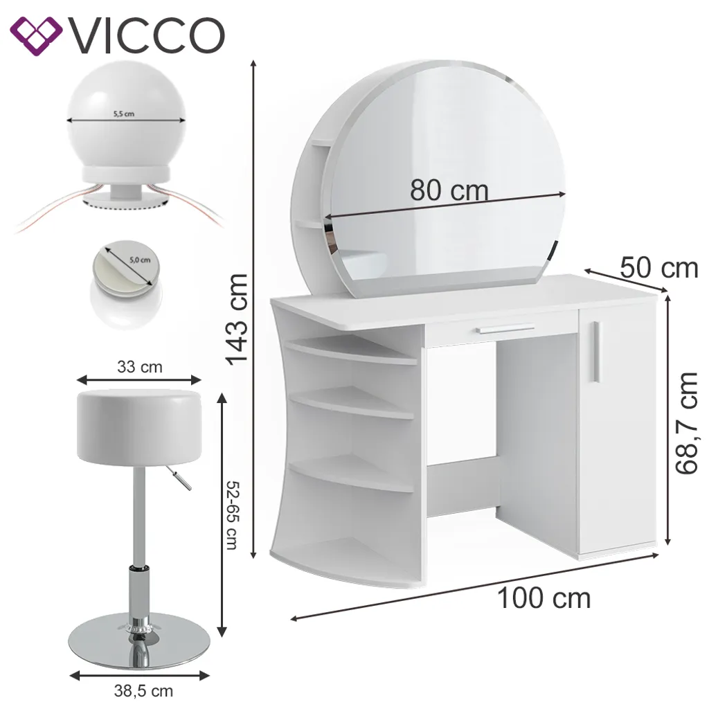 Vicco Schminktisch + Hocker + LED Almina Weiß 100 X 143 X 50 Cm Holzwerkstoff – Bild 3