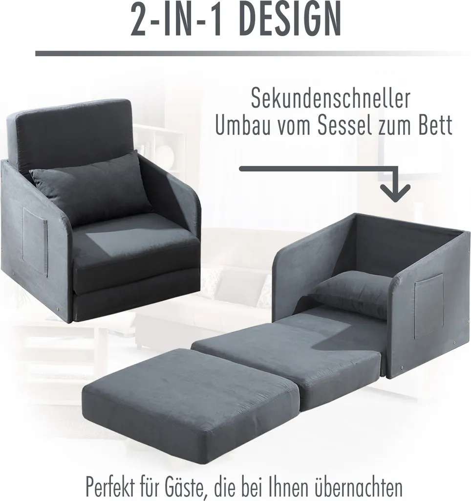 HOMCOM Schlafsofa Sofabett Einzelsofa Waschbarer Bezug 2 Seitentaschen Kissen Metall Grau 70 X 74 X 78 Cm – Bild 3