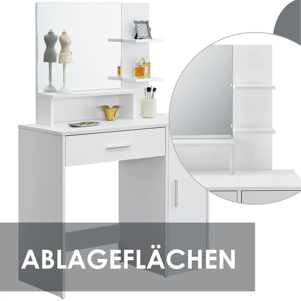 Juskys Schminktisch Zoey Weiß - Frisiertisch Mit Spiegel, Schublade, Fächer & Schrank - Kosmetiktisch Für Damen Und Mädchen – Bild 4