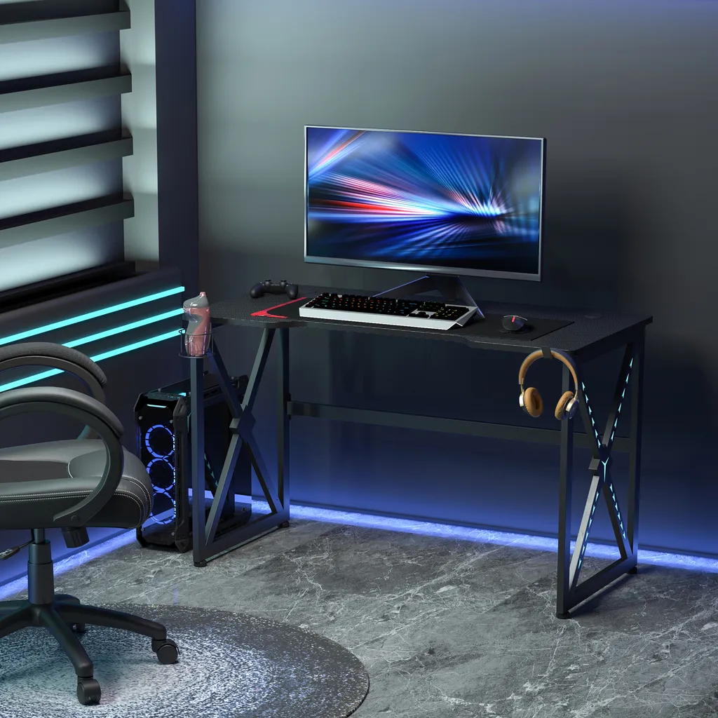 HOMCOM Computertisch Mit LED-Leuchten Monitorablage PC Tisch Gaming Tisch Mit Becherhalter E-Sport-Stil Bürotisch Mit Verstellbaren Füßen MDF Metall Schwarz 120 X 60 X 73 Cm – Bild 2
