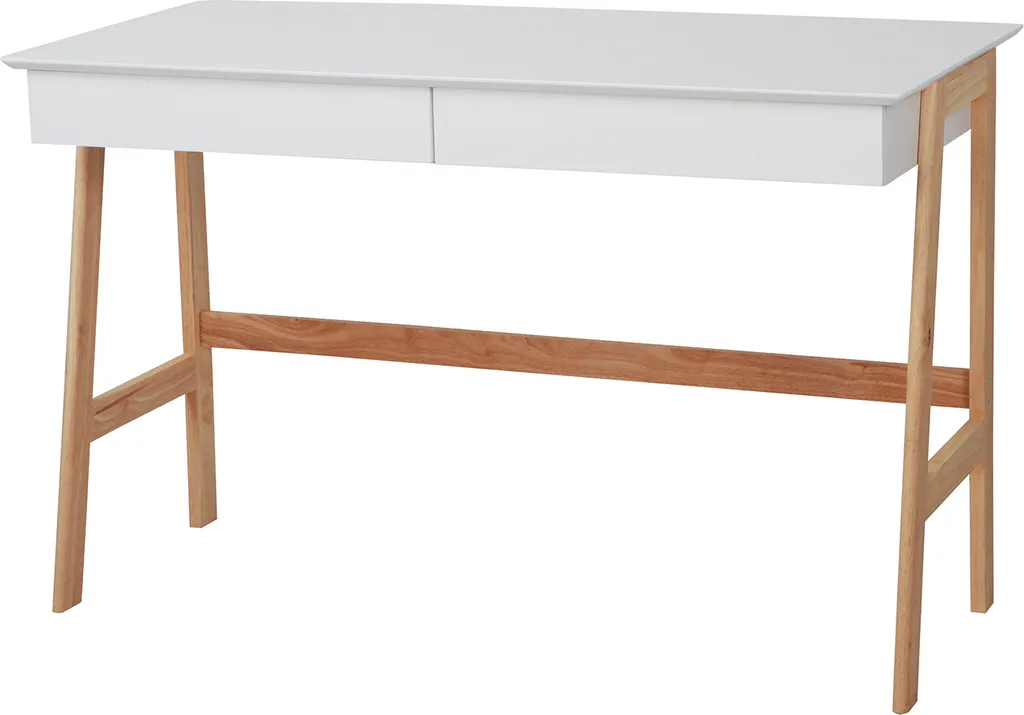 Möbilia Schreibtisch | 2 Schubladen | Tischplatte MDF Weiß Matt | Gestell Holz Natur | B 120 X T 60 X H 77 Cm | 28020025 | Serie SCHREIBTISCH