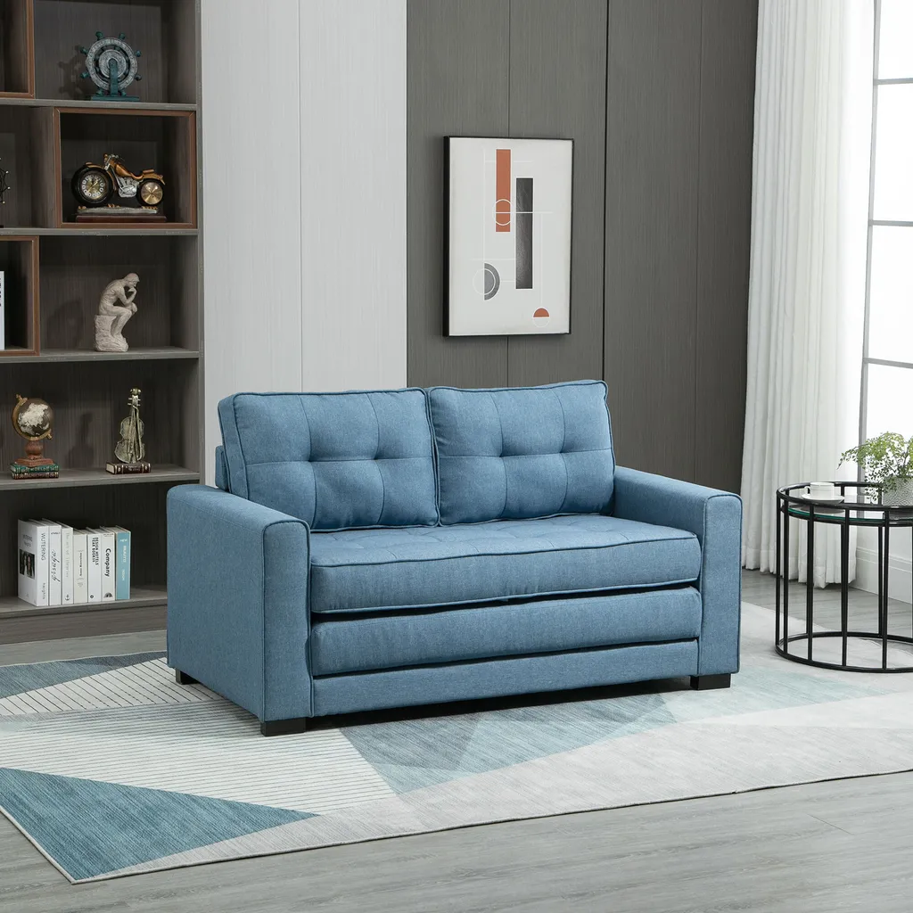 HOMCOM Schlafsofa Klappsofa 2-Sitzer Stoffsofa Bettsofa Sofa Mit Schlaffunktion Sofagarnitur Leinen-Touch Gummiholz Blau 147,5 X 75 X 85 Cm – Bild 3