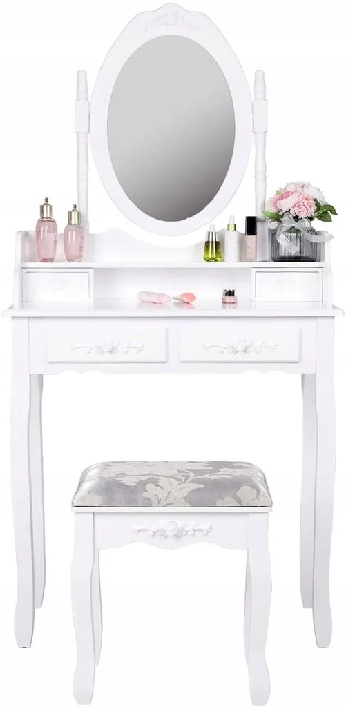 Italform Schminktisch Mit Hocker Und Drehbaren Spiegel Weiß 4 Schubladen 75 X 147 X 40cm – Bild 4