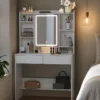 VASAGLE Schminktisch Mit LED-Beleuchtung, 3 Farben Mit Einstellbarer Helligkeit, Frisiertisch Mit Spiegel Für Make-up, Kosmetiktisch Mit Verstellbaren Ablagen, 2 Schubladen, Modern, Weiß RDT123T14