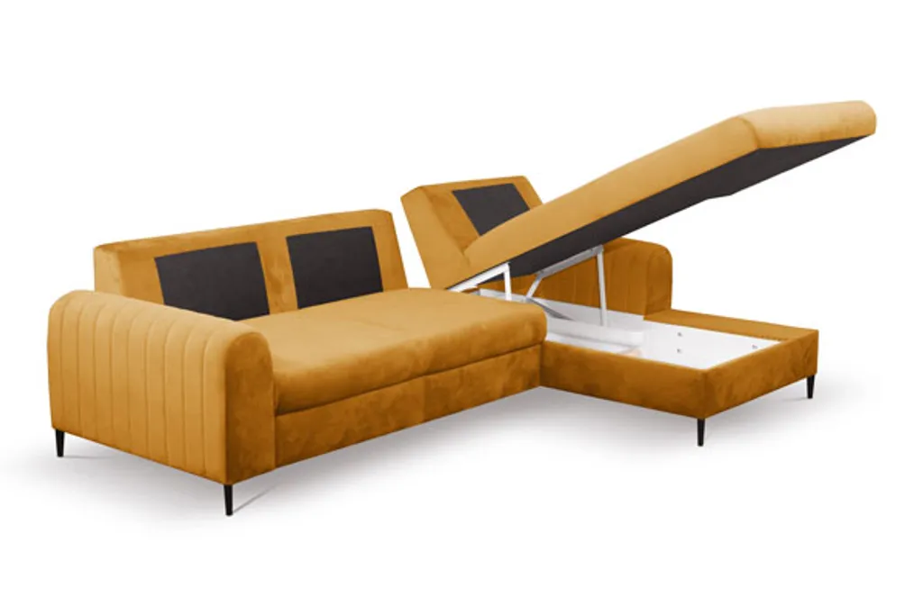 Ecksofa "Monaco" Eckcouch Sofa Schlaffunktion Senfgelb / Füße Gold Recamiere Rechts – Bild 4