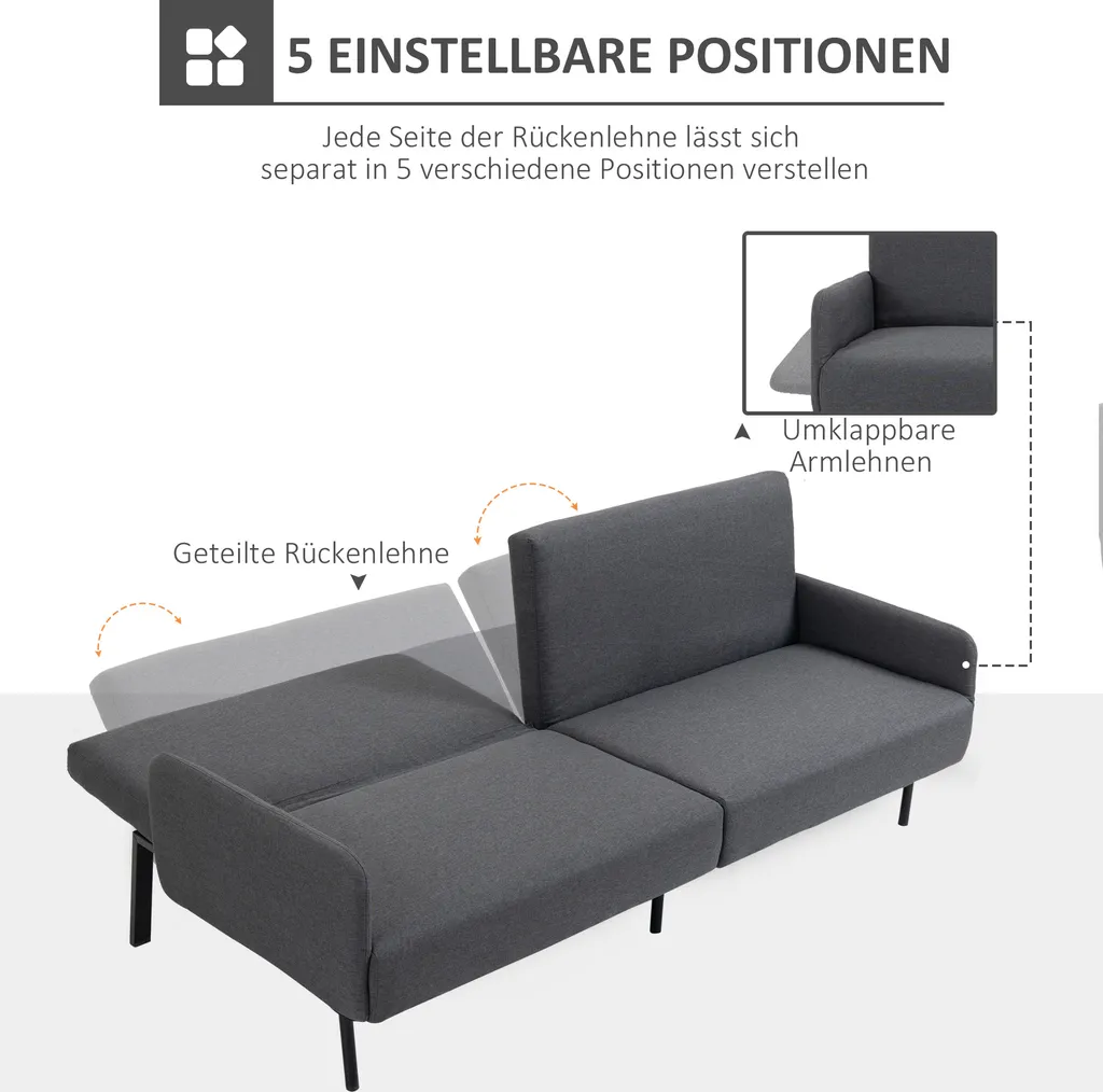 HOMCOM Schlafsofa Klappsofa 2-Sitzer Stoffsofa Bettsofa Sofa Mit Schlaffunktion Sofagarnitur Leinen-Touch Stahl Grau 214 X 94 X 81 Cm – Bild 4
