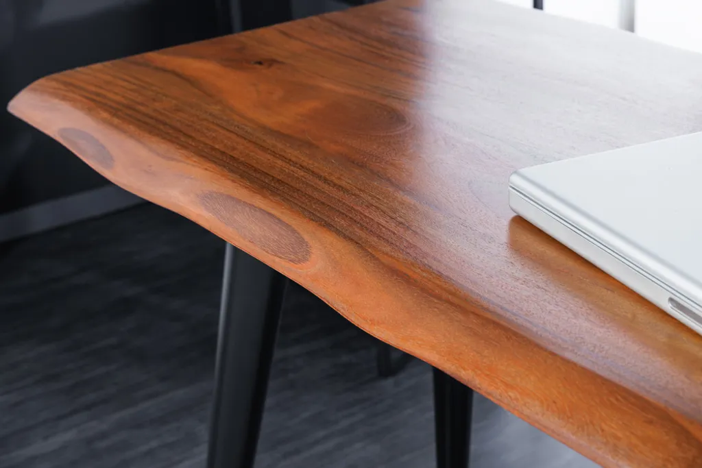 Massiver Schreibtisch WILD 110cm Akazienholz Baumkante Mit Schublade Metallbeine – Bild 6