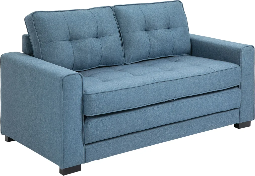 HOMCOM Schlafsofa Klappsofa 2-Sitzer Stoffsofa Bettsofa Sofa Mit Schlaffunktion Sofagarnitur Leinen-Touch Gummiholz Blau 147,5 X 75 X 85 Cm – Bild 2