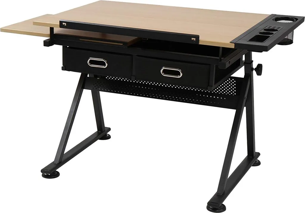 MIADOMODO® Zeichentisch Mit Hocker - Tischplatte Stufenlos Neigbar, 2 Schubladen/Arbeitsflächen, Holzoptik Schwarz - Schreibtisch, Bürotisch, Arbeitstisch, Architektentisch Für Architekten/Architekten – Bild 2