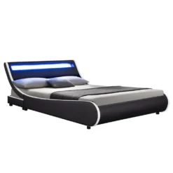 Juskys Polsterbett Valencia 140 X 200 Cm Mit Lattenrost, LED Beleuchtung, Kopfteil & Kunstleder - Bett Jugendbett Bettgestell Doppelbett - Schwarz
