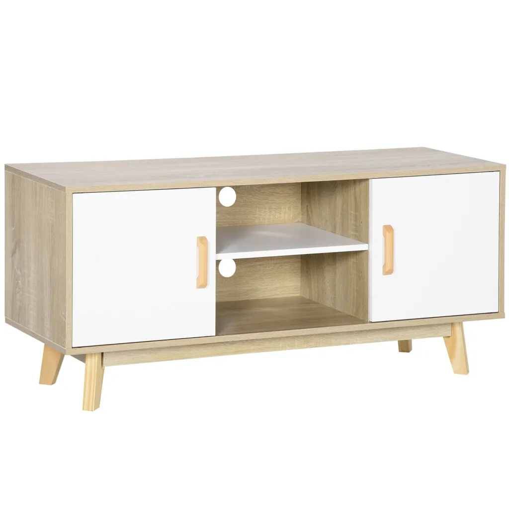 HOMCOM TV-Lowboard Fernsehschrank TV Schrank Fernsehtisch Sideboard Mit 2 Schränke Und Offenen Regale Skandi-Design Bis Zu 55 Zoll Natur+Weiß 120 X 40 X 55 Cm