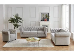 Couchgarnitur 3+2+1 - Samt - Hellgrau - CHESTERFIELD