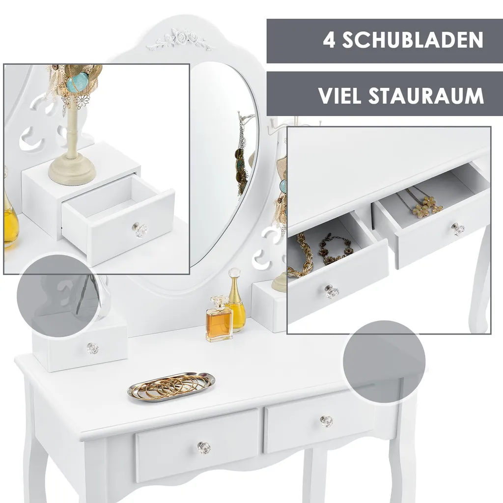 Juskys Schminktisch Julia Mit Spiegel, Hocker & 4 Schubladen, 74 X 40 X 138 Cm, Weiß, Landhausstil, MDF Holz, Kosmetiktisch Frisiertisch Kommode – Bild 4