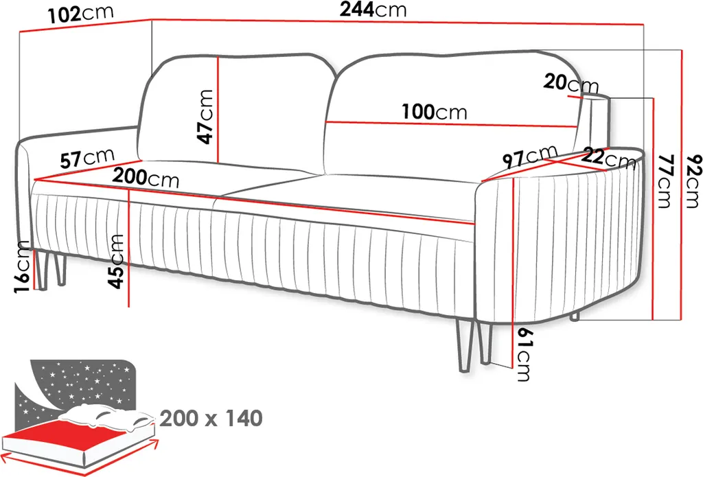 Mirjan24 Schlafsofa Vena, Couch Mit Schlaffunktion Und Bettkasten, Freistehendes 3 Sitzer Polstersofa, Sofagarnitur (Farbe: Velluto 10) – Bild 10
