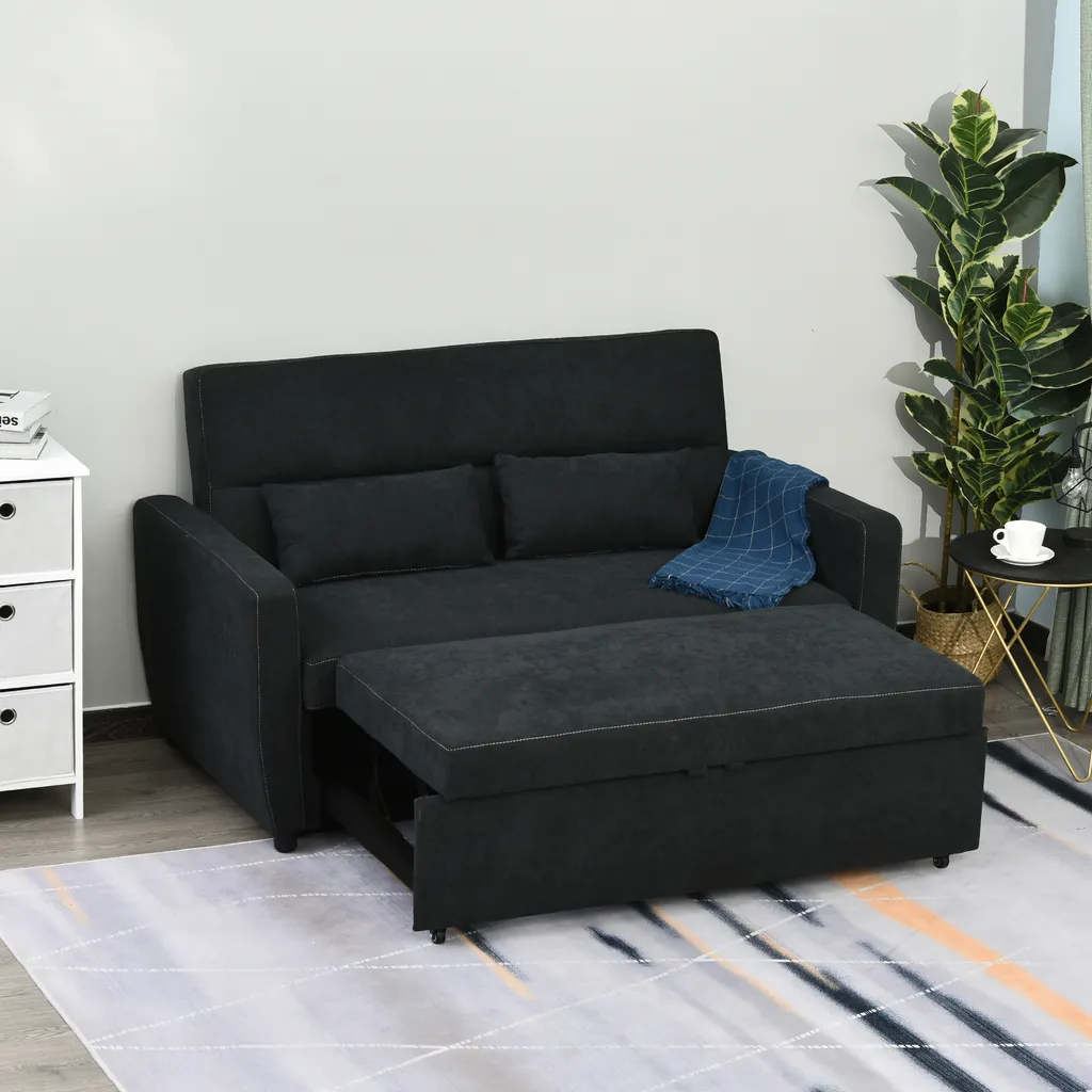 HOMCOM Schlafsofa, Klappsofa, 2-Sitzer Stoffsofa, Bettsofa, Sofa Mit Schlaffunktion, Sofagarnitur, Verstellbarer Winkel, Schwarz, 148 X 82 X 89 Cm – Bild 2