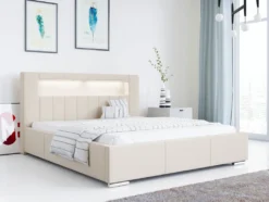 Polsterbett Mit Kopfteil - GOLD5 Mit LED Doppelbett Mit Bettkasten - Deko Bed Mit Lattenrost - 180x200 Cm Casablanka Creme