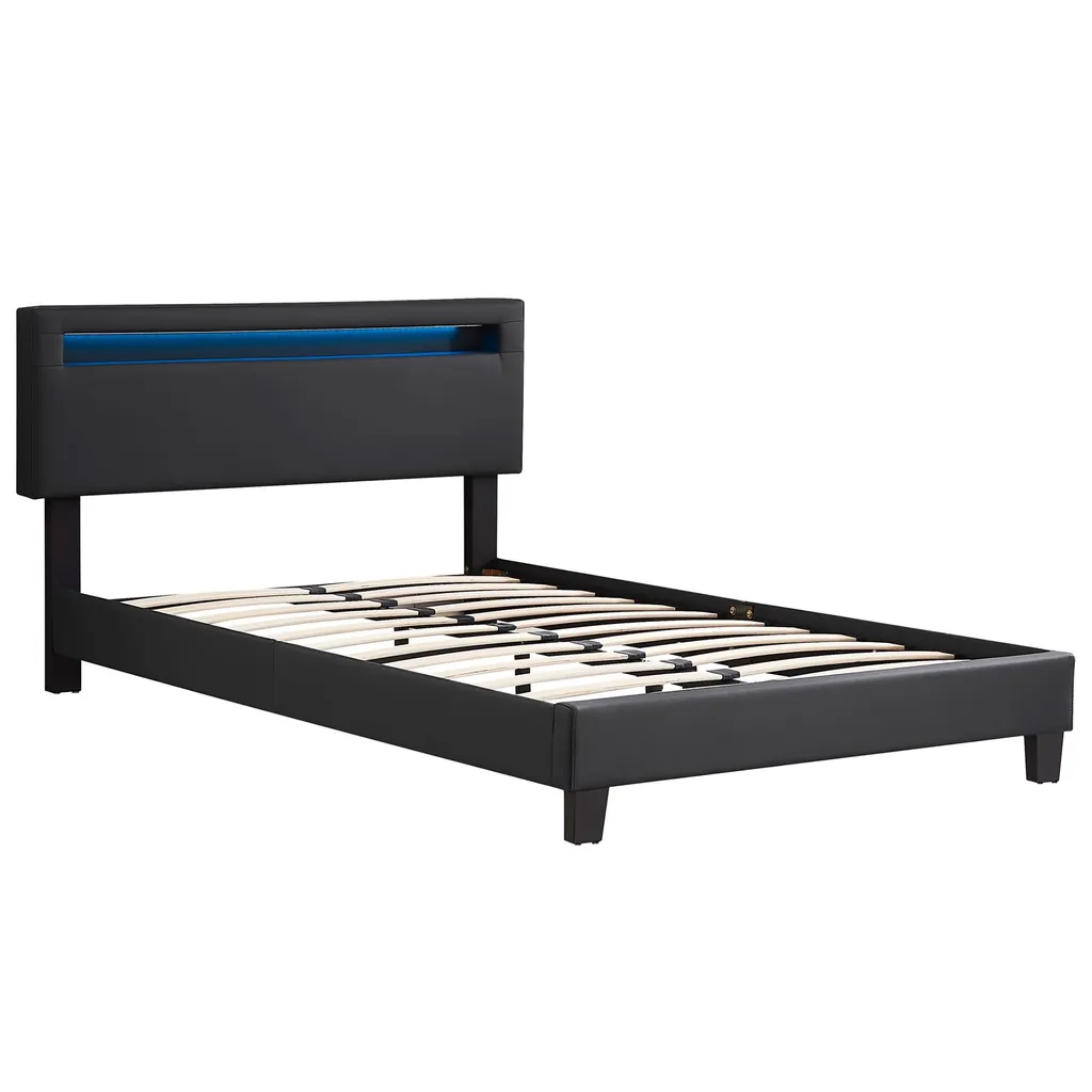 Polsterbett CARIBO 120x200 Cm, Bett Mit Kunstleder In Schwarz Und LED Beleuchtung, Verschiedene Farben, Kunstleder, Modern, Skandinavisch, Bequemes Gepolstertes Bett – Bild 3