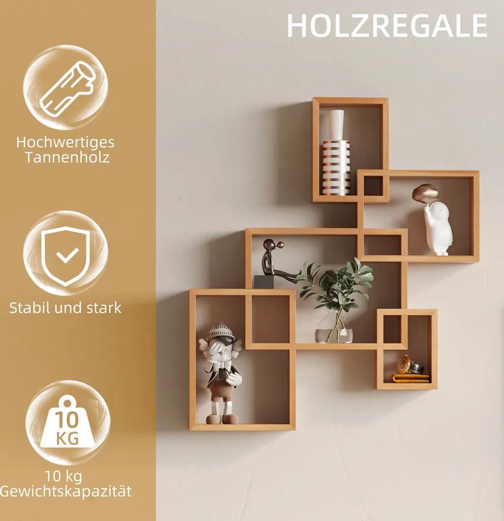 HOMCOM Wandregal Wandboard Schweberegal Mit 5 Ineinandergreifenden Würfel, 9 Fächer Deko Für Schlafzimmer Wohnzimmer Tannenholz Natur 71 X 10,2 X 80,5 Cm – Bild 7