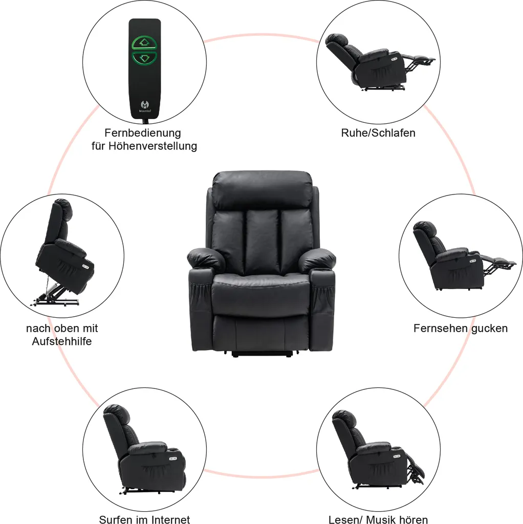 MCombo Elektrische Aufstehhilfe Fernsehsessel Relaxsessel Echtleder 7190BK – Bild 9