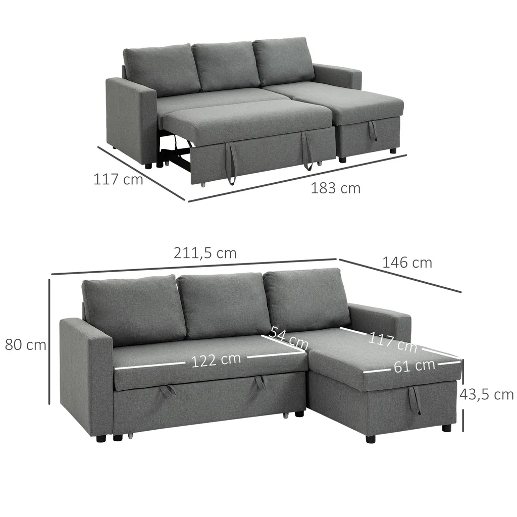 HOMCOM Ecksofa Mit Schlaffunktion Stauraum Eckcouch Mit Bettkasten Chaiselongue Schlafsofa Stoffsofa L-Form Leinen-Touch Hellgrau 211,5 X 146 X 85 Cm – Bild 5
