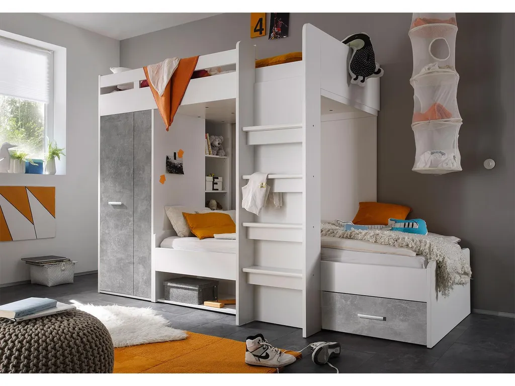 Etagenbett Kinderbett Hochbett Stockbett Funktionsbett Jugendbett Bett "Mimi I" Weiß / Beton – Bild 5